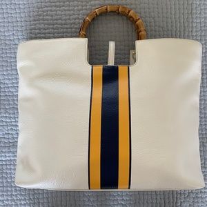 White leather purse, bamboo handle nautical stripe